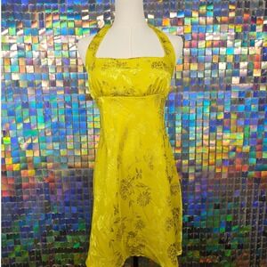 Wild Fable Floral Jacquard Halter Mini Dress Yellow Chartreuse Y2K Small